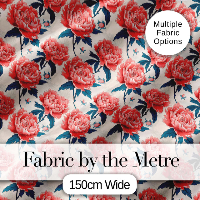 Elegant Coral Peony Flowers with Blue Leaves Soft Beige Seamless Pattern Digital Print Fabric by the Metre UK Sewing Quilting Textile