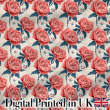 Elegant Coral Peony Flowers with Blue Leaves Soft Beige Seamless Pattern Digital Print Fabric by the Metre UK Sewing Quilting Textile