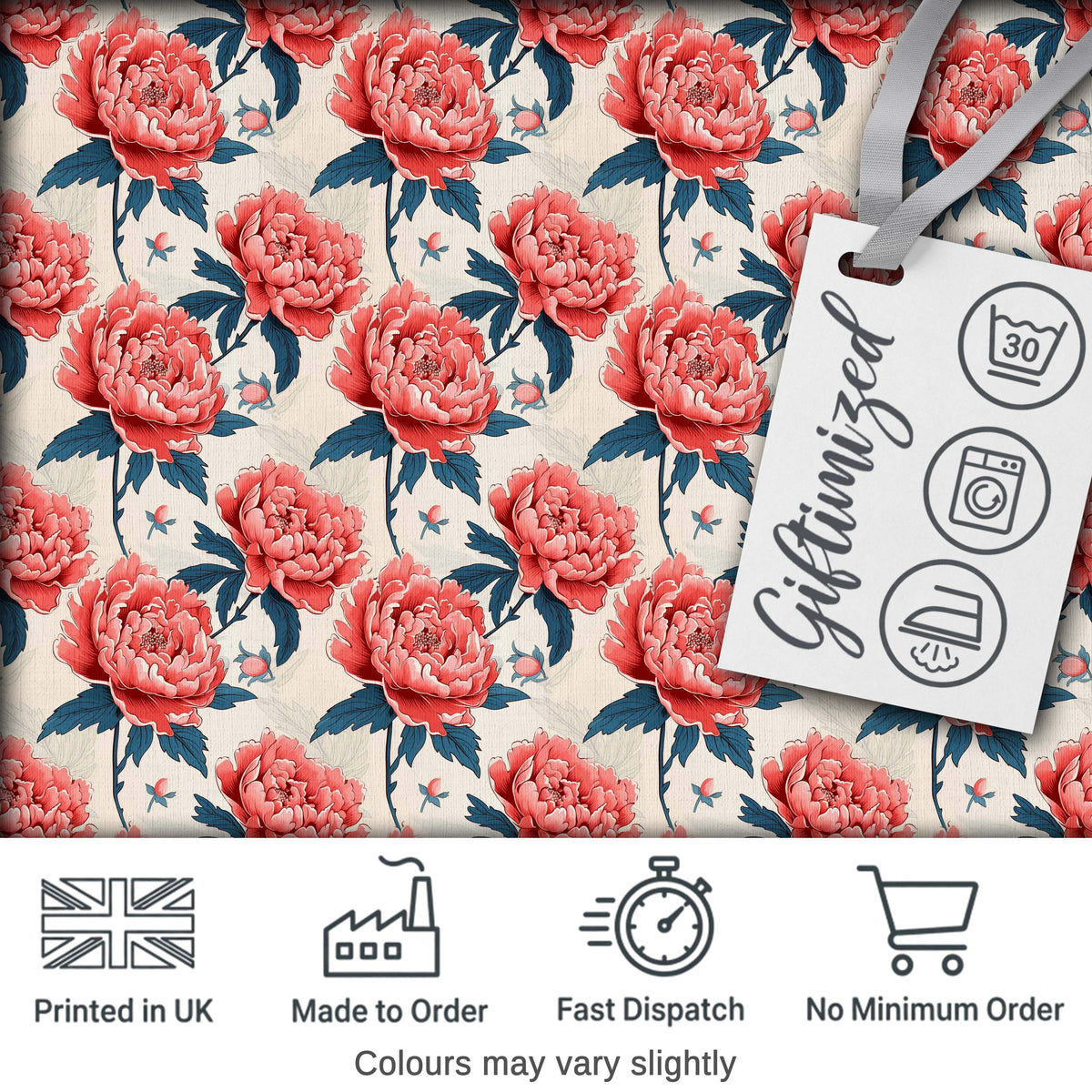 Elegant Coral Peony Flowers with Blue Leaves Soft Beige Seamless Pattern Digital Print Fabric by the Metre UK Sewing Quilting Textile