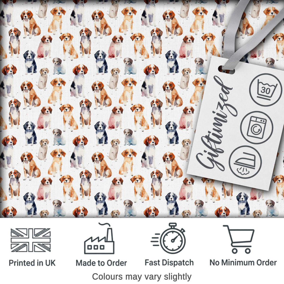 Cute Watercolor Puppy Dogs on White Background Seamless Pattern Digital Print Fabric by the Metre UK Sewing Quilting Textile
