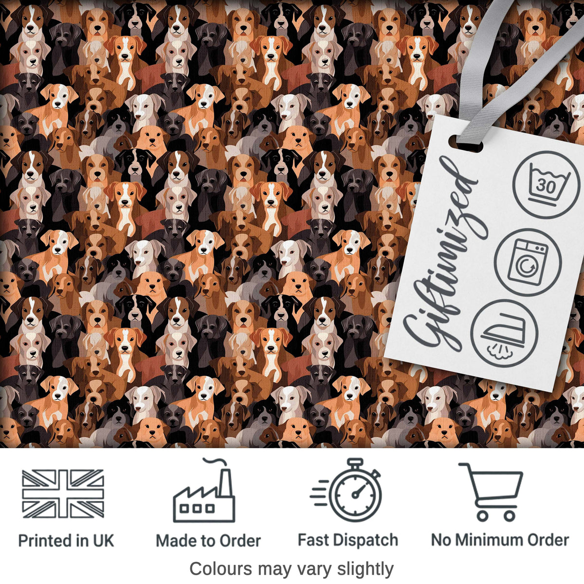 Cute Cartoon Dog Breeds on Dark Background Seamless Pattern Digital Print Fabric by the Metre UK Sewing Quilting Textile