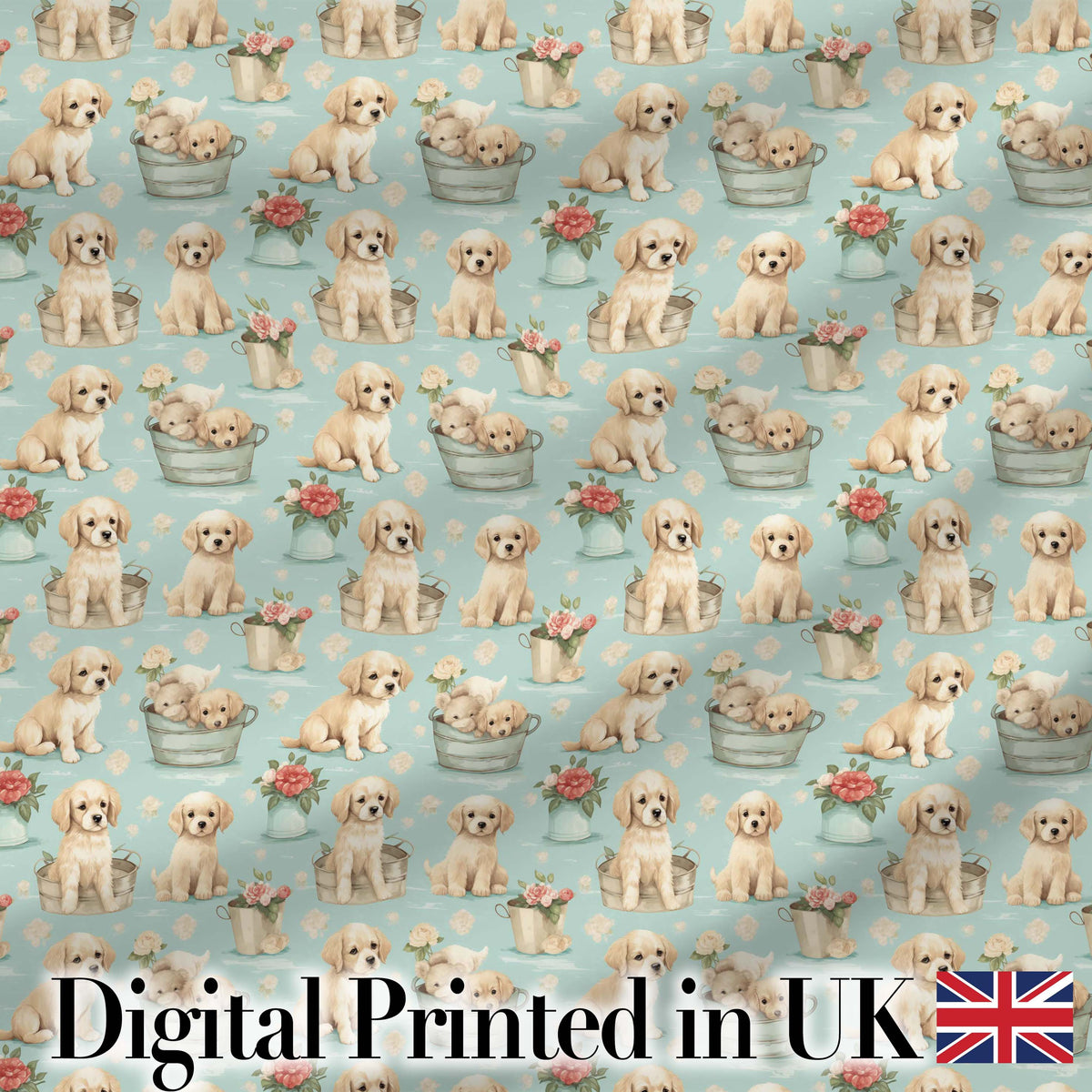 Cute Golden Retriever Puppies with Vintage Buckets Seamless Pattern Digital Print Fabric by the Metre UK Sewing Quilting Textile