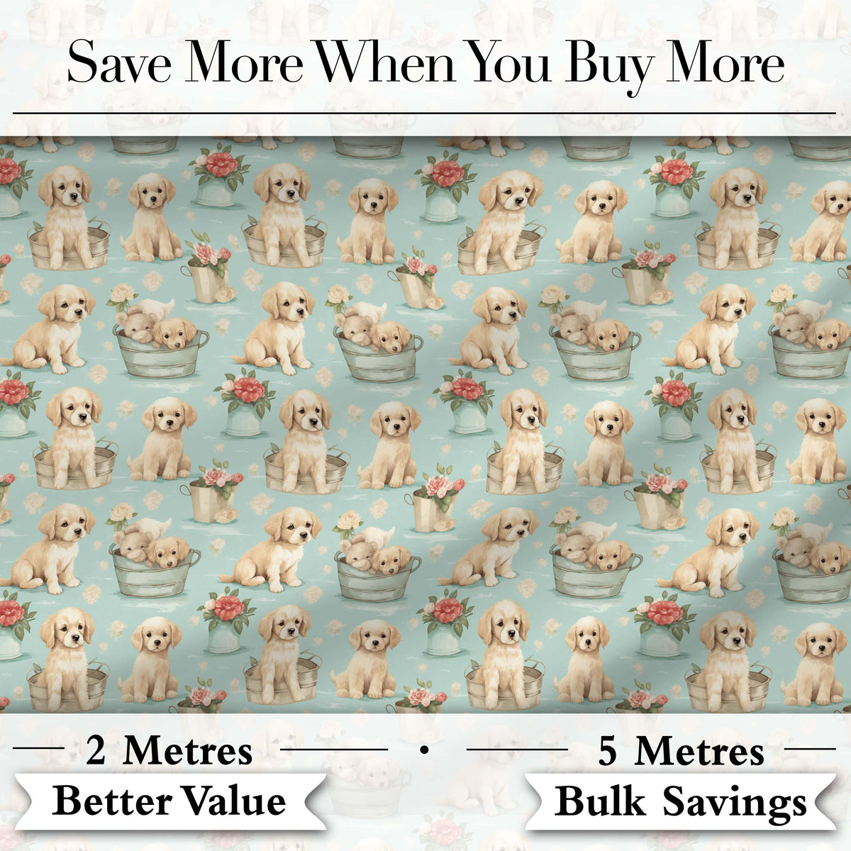 Cute Golden Retriever Puppies with Vintage Buckets Seamless Pattern Digital Print Fabric by the Metre UK Sewing Quilting Textile