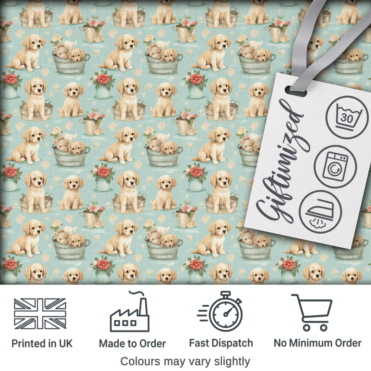 Cute Golden Retriever Puppies with Vintage Buckets Seamless Pattern Digital Print Fabric by the Metre UK Sewing Quilting Textile