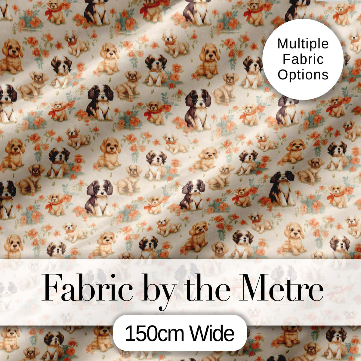 Cute Mixed Breed Puppies with Floral Accents Beige Seamless Pattern Digital Print Fabric by the Metre UK Sewing Quilting Textile