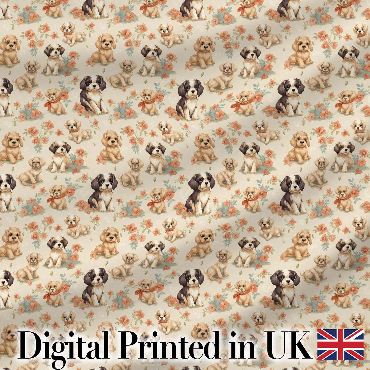 Cute Mixed Breed Puppies with Floral Accents Beige Seamless Pattern Digital Print Fabric by the Metre UK Sewing Quilting Textile