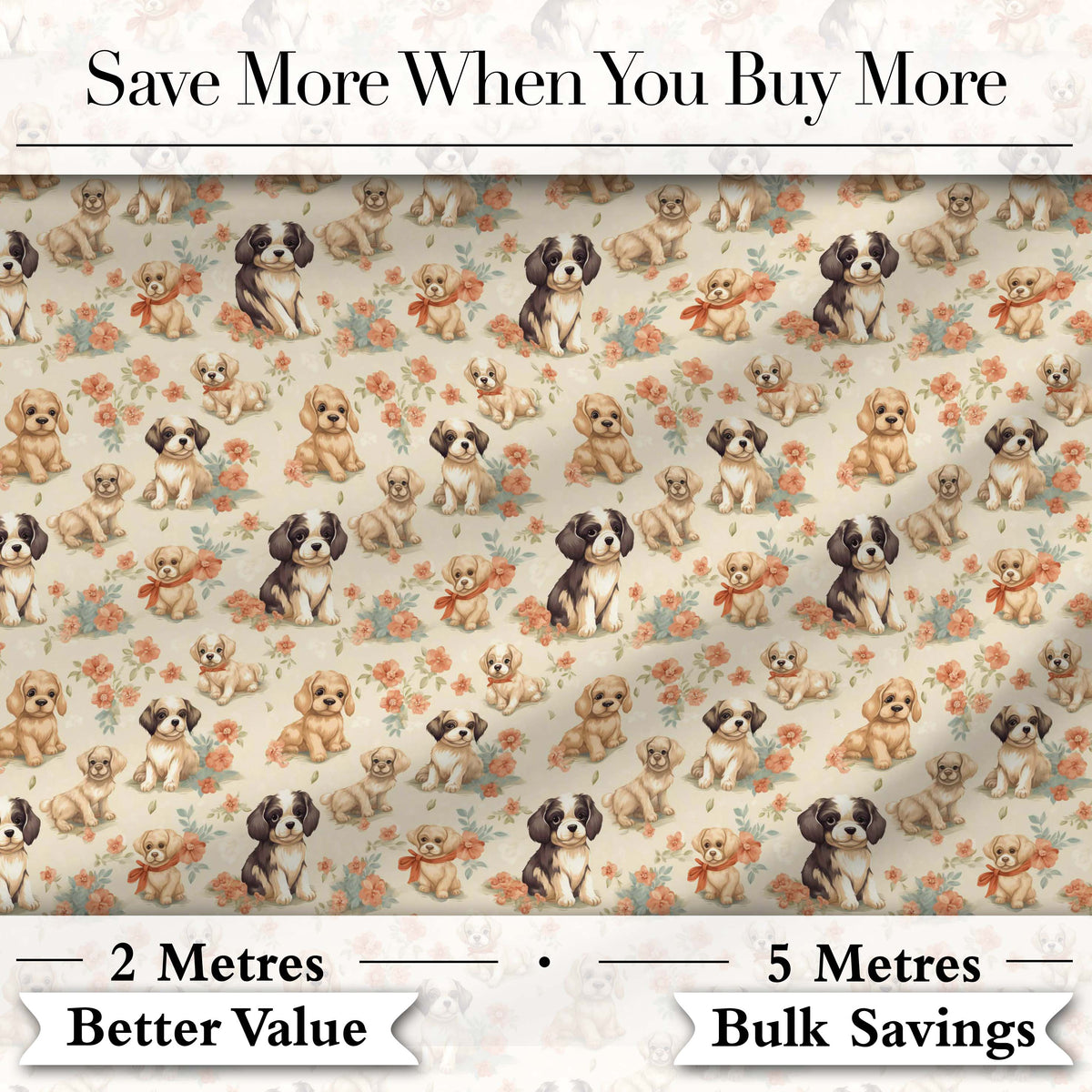 Cute Mixed Breed Puppies with Floral Accents Beige Seamless Pattern Digital Print Fabric by the Metre UK Sewing Quilting Textile