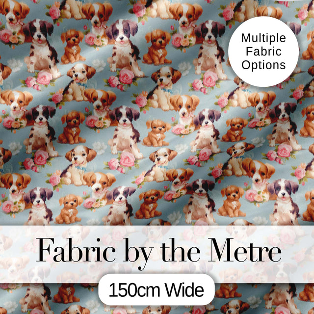 Adorable Cartoon Puppies with Pink Roses Blue Background Seamless Pattern Digital Print Fabric by the Metre UK Sewing Quilting Textile