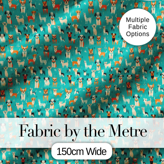 Cute Cartoon Dogs on Teal Background Fun Seamless Pattern Digital Print Fabric by the Metre UK Sewing Quilting Textile