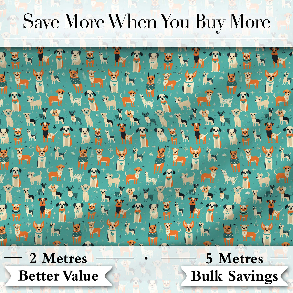 Cute Cartoon Dogs on Teal Background Fun Seamless Pattern Digital Print Fabric by the Metre UK Sewing Quilting Textile