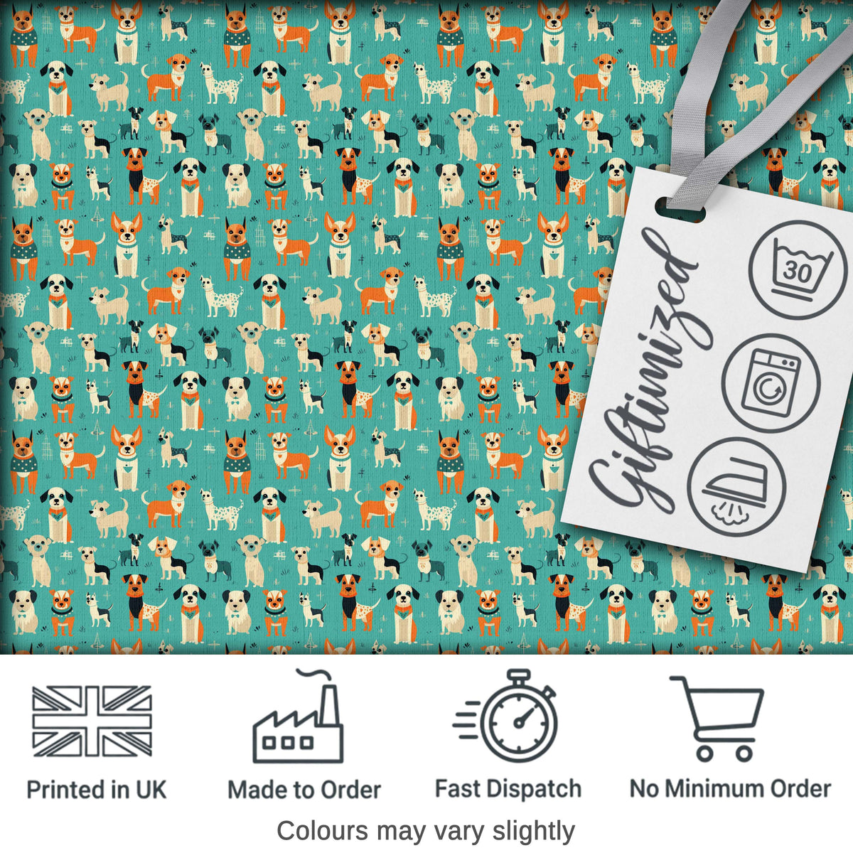 Cute Cartoon Dogs on Teal Background Fun Seamless Pattern Digital Print Fabric by the Metre UK Sewing Quilting Textile