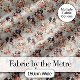Soft Fluffy Puppies with Pastel Flowers Seamless Pattern Digital Print Fabric by the Metre UK Sewing Quilting Textile