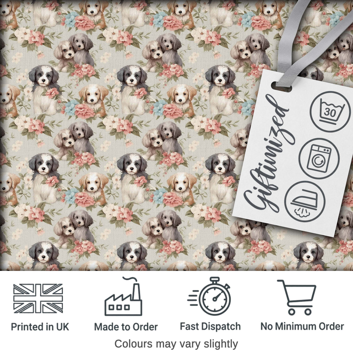 Soft Fluffy Puppies with Pastel Flowers Seamless Pattern Digital Print Fabric by the Metre UK Sewing Quilting Textile