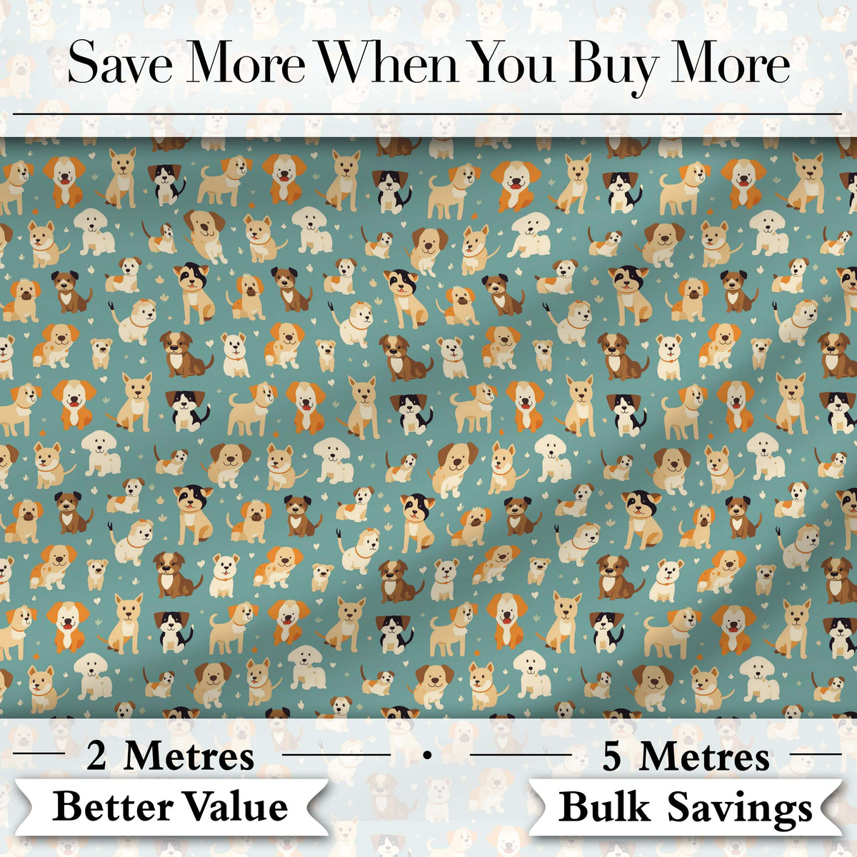 Cute Cartoon Puppy Dogs with Hearts Teal Background Seamless Pattern Digital Print Fabric by the Metre UK Sewing Quilting Textile