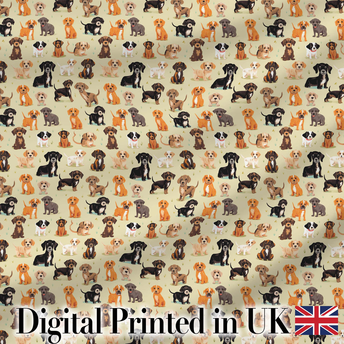 Cute Mixed Breed Puppy Dogs on Beige Background Seamless Pattern Digital Print Fabric by the Metre UK Sewing Quilting Textile