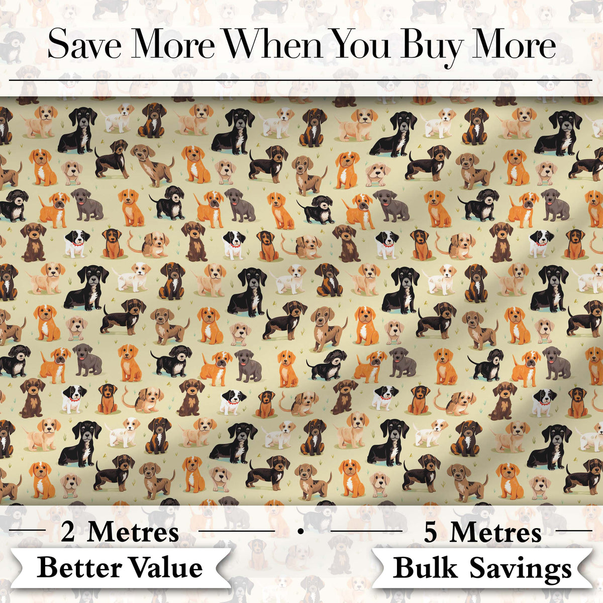 Cute Mixed Breed Puppy Dogs on Beige Background Seamless Pattern Digital Print Fabric by the Metre UK Sewing Quilting Textile