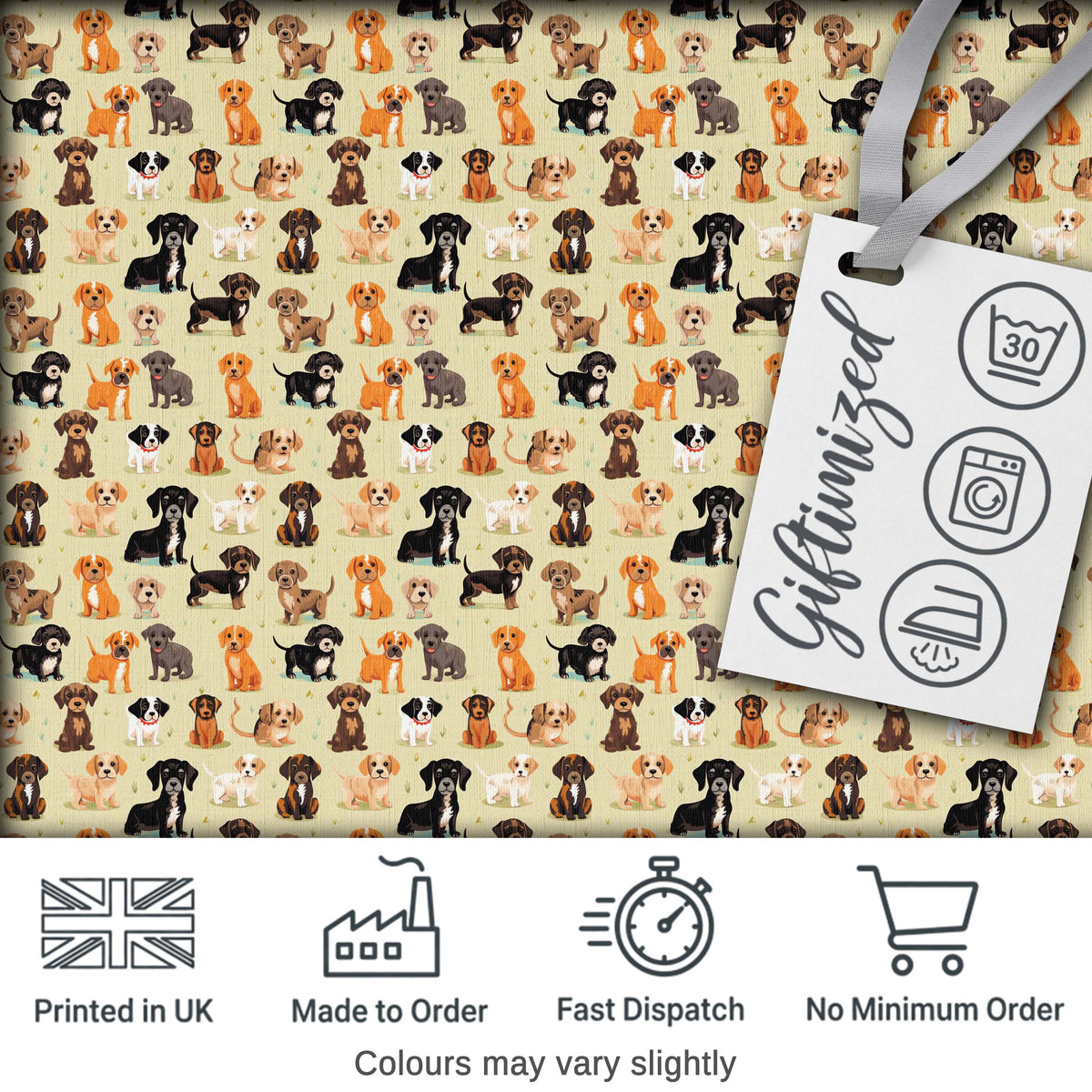 Cute Mixed Breed Puppy Dogs on Beige Background Seamless Pattern Digital Print Fabric by the Metre UK Sewing Quilting Textile