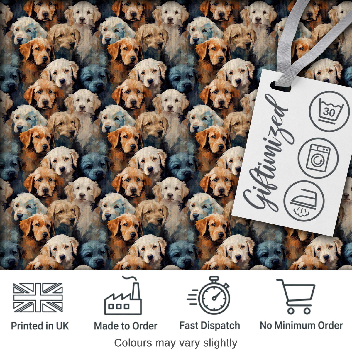 Realistic Golden Retriever Puppies Close Up Seamless Pattern Digital Print Fabric by the Metre UK Sewing Quilting Textile