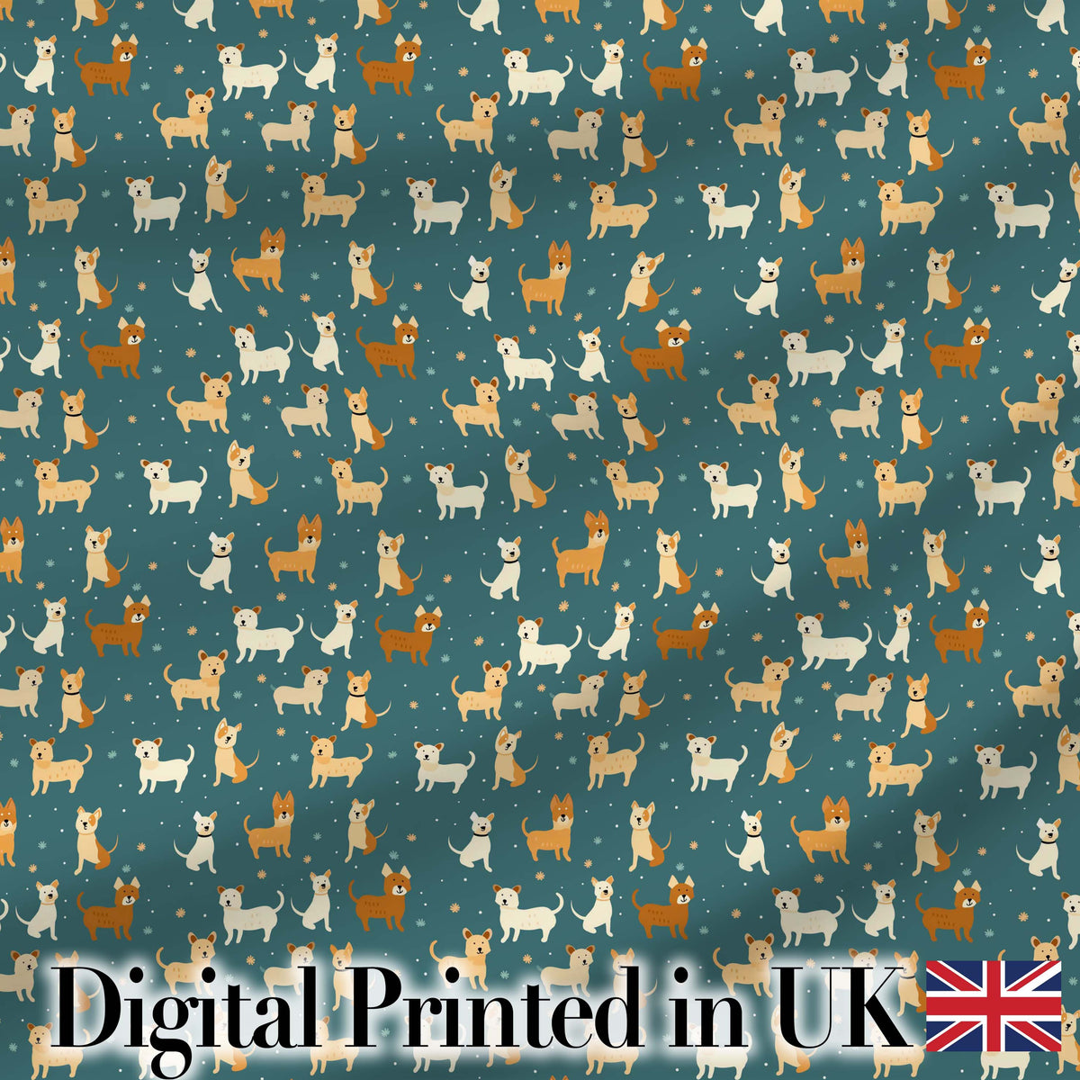 Cute Minimal Dog Characters on Teal Background Seamless Pattern Digital Print Fabric by the Metre UK Sewing Quilting Textile