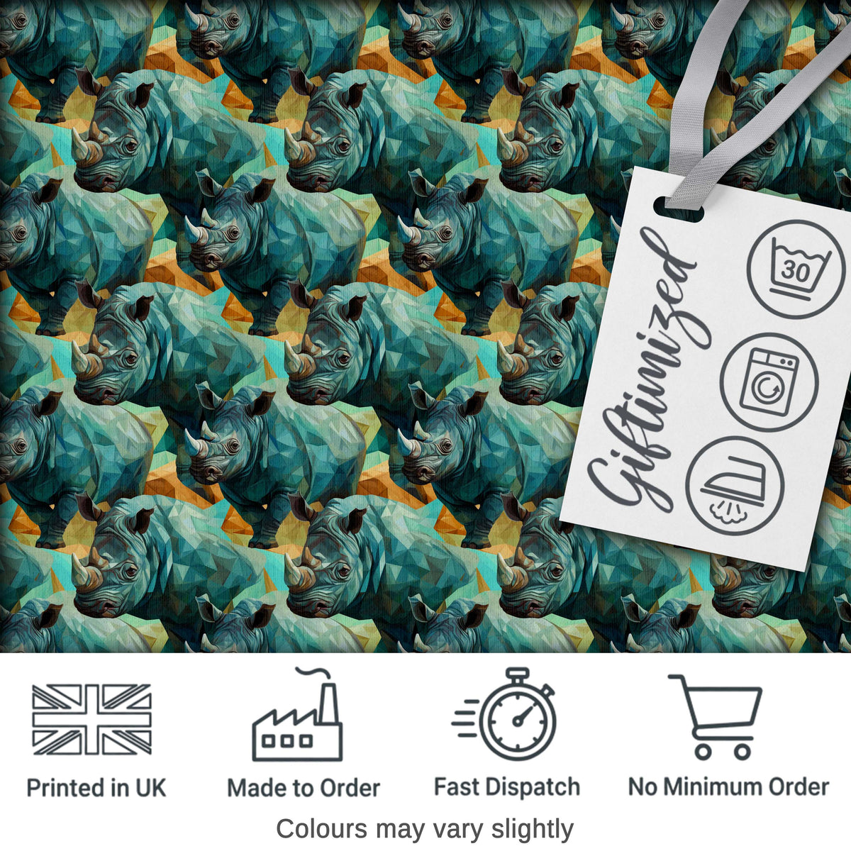 Geometric Rhino Animals Abstract Style Seamless Pattern Digital Print Fabric by the Metre UK Sewing Quilting Textile