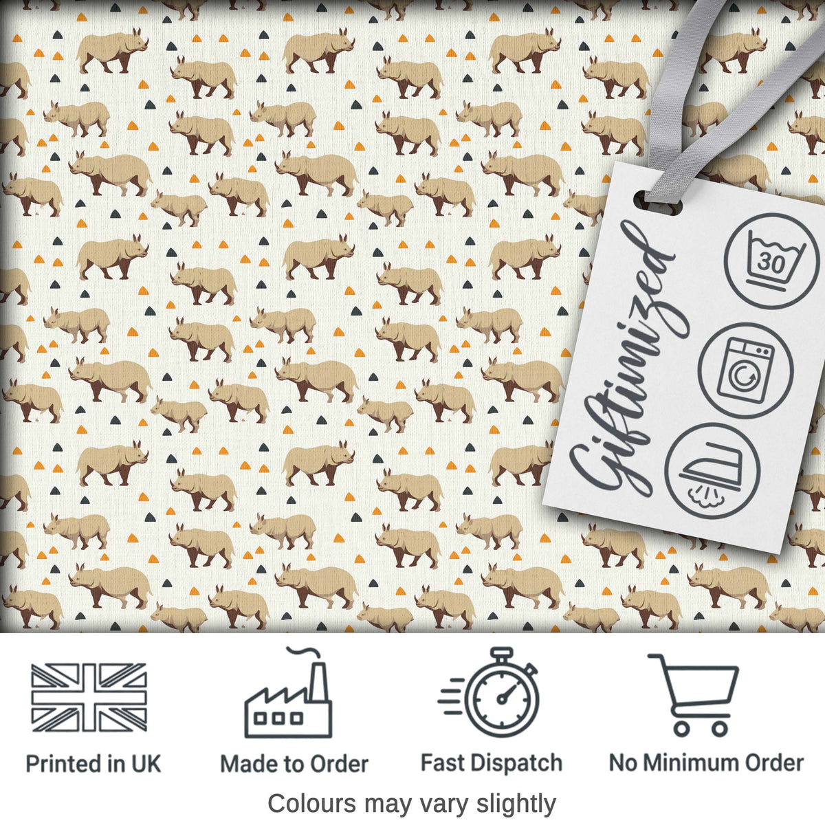 Simple Beige Rhino with Geometric Shapes Seamless Pattern Digital Print Fabric by the Metre UK Sewing Quilting Textile