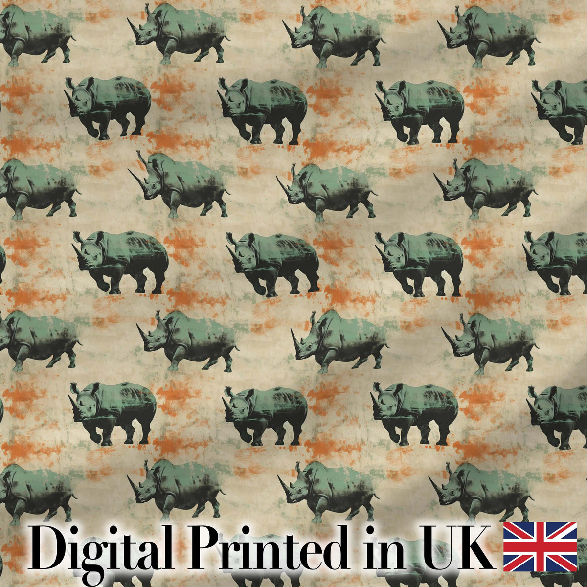 Vintage Style Rhino Illustration with Grunge Texture Seamless Pattern Digital Print Fabric by the Metre UK Sewing Quilting Textile