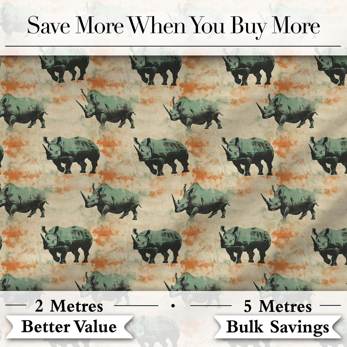 Vintage Style Rhino Illustration with Grunge Texture Seamless Pattern Digital Print Fabric by the Metre UK Sewing Quilting Textile