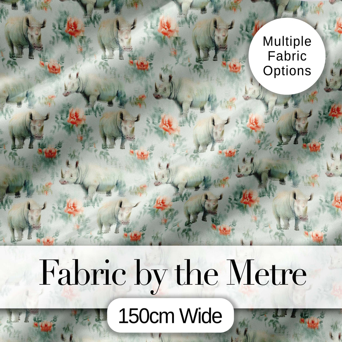 Elegant Rhino with Floral Rose Elements Seamless Pattern Digital Print Fabric by the Metre UK Sewing Quilting Textile