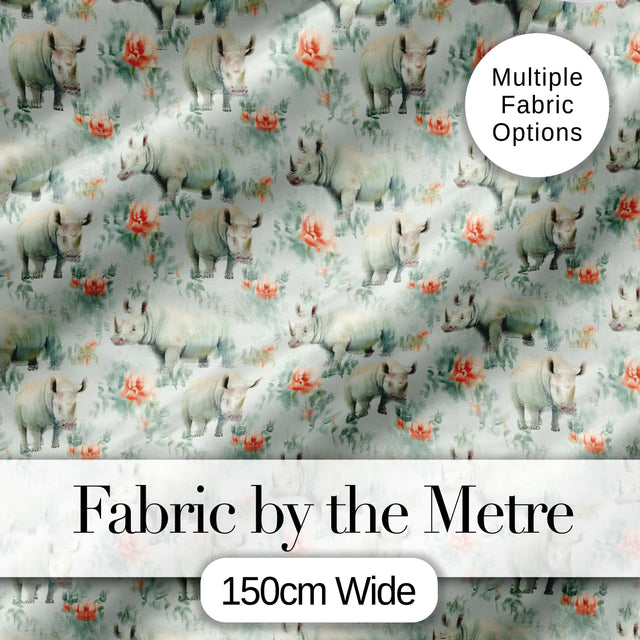 Elegant Rhino with Floral Rose Elements Seamless Pattern Digital Print Fabric by the Metre UK Sewing Quilting Textile