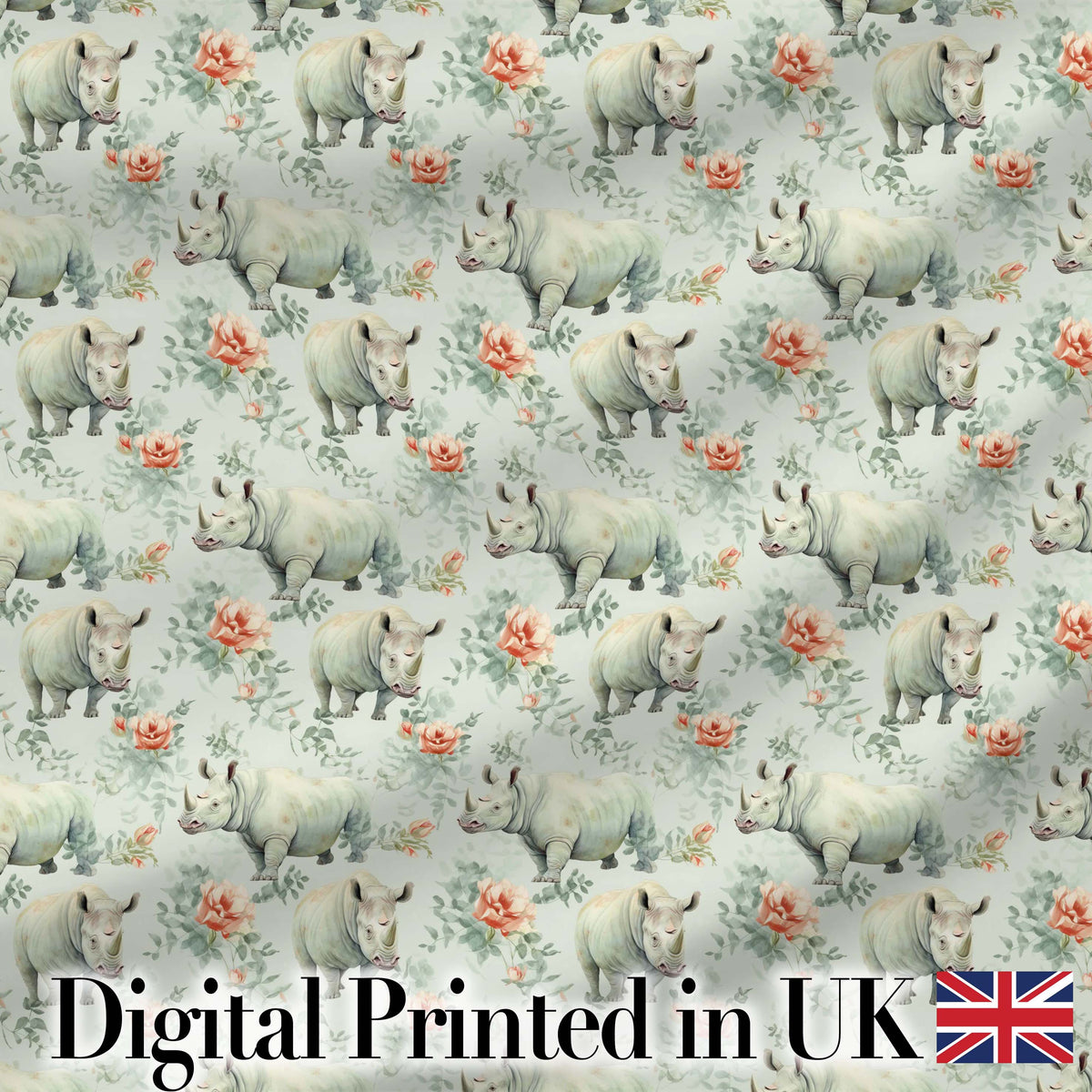 Elegant Rhino with Floral Rose Elements Seamless Pattern Digital Print Fabric by the Metre UK Sewing Quilting Textile