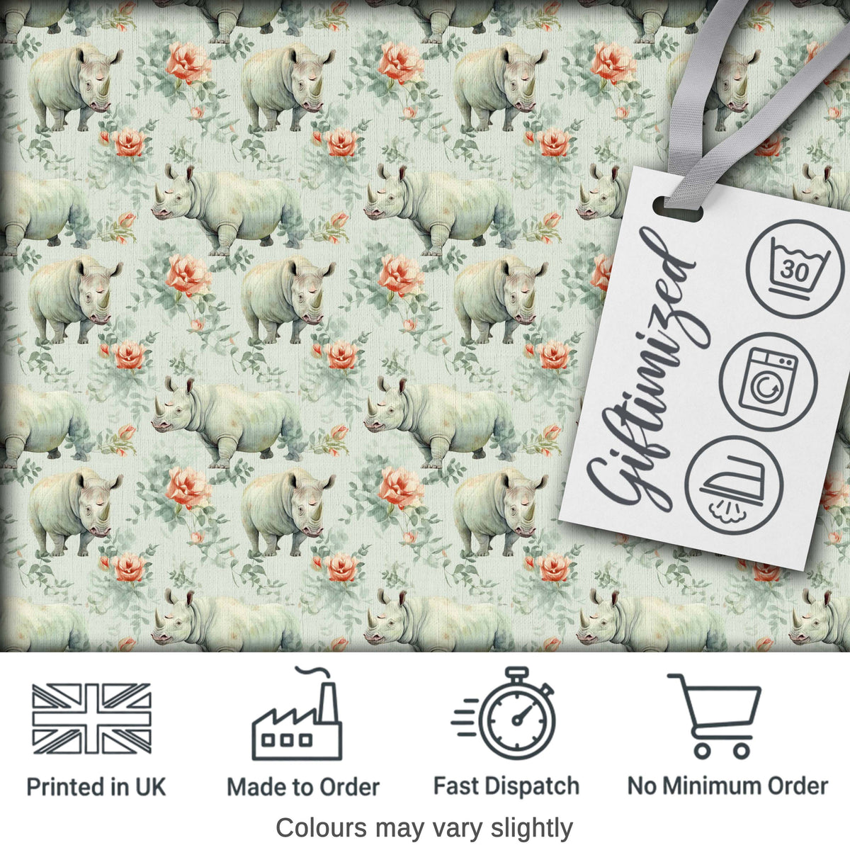 Elegant Rhino with Floral Rose Elements Seamless Pattern Digital Print Fabric by the Metre UK Sewing Quilting Textile