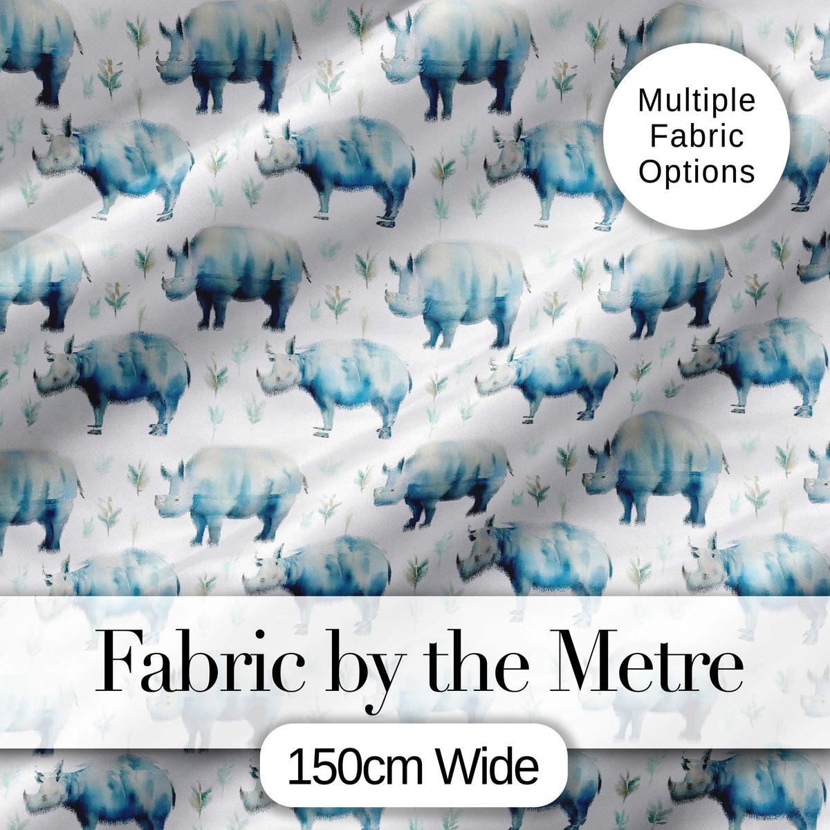 Soft Blue Watercolor Rhino with Minimal Leaves Seamless Pattern Digital Print Fabric by the Metre UK Sewing Quilting Textile