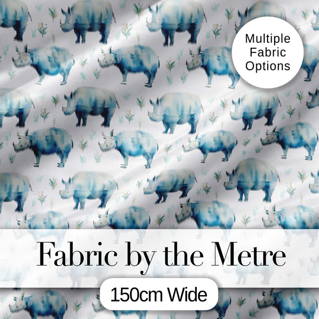 Soft Blue Watercolor Rhino with Minimal Leaves Seamless Pattern Digital Print Fabric by the Metre UK Sewing Quilting Textile