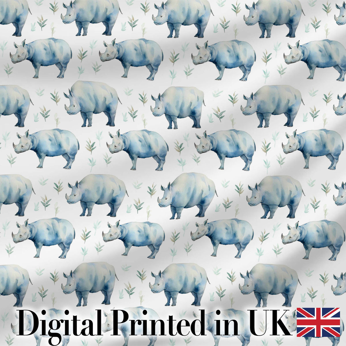 Soft Blue Watercolor Rhino with Minimal Leaves Seamless Pattern Digital Print Fabric by the Metre UK Sewing Quilting Textile