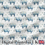 Soft Blue Watercolor Rhino with Minimal Leaves Seamless Pattern Digital Print Fabric by the Metre UK Sewing Quilting Textile