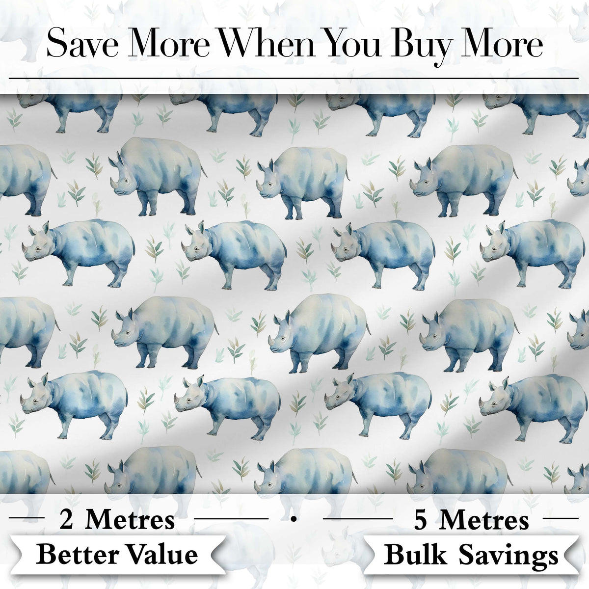 Soft Blue Watercolor Rhino with Minimal Leaves Seamless Pattern Digital Print Fabric by the Metre UK Sewing Quilting Textile