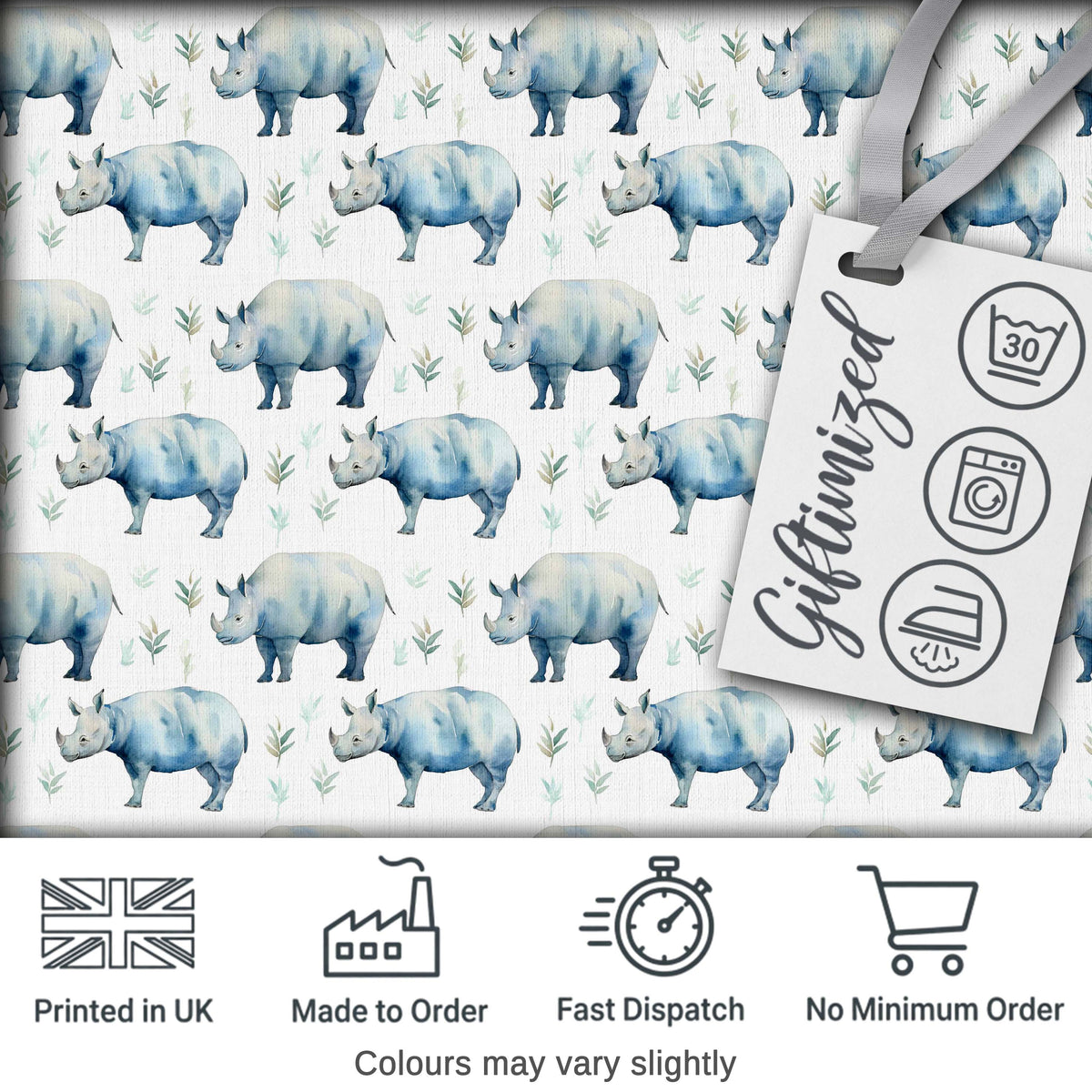 Soft Blue Watercolor Rhino with Minimal Leaves Seamless Pattern Digital Print Fabric by the Metre UK Sewing Quilting Textile