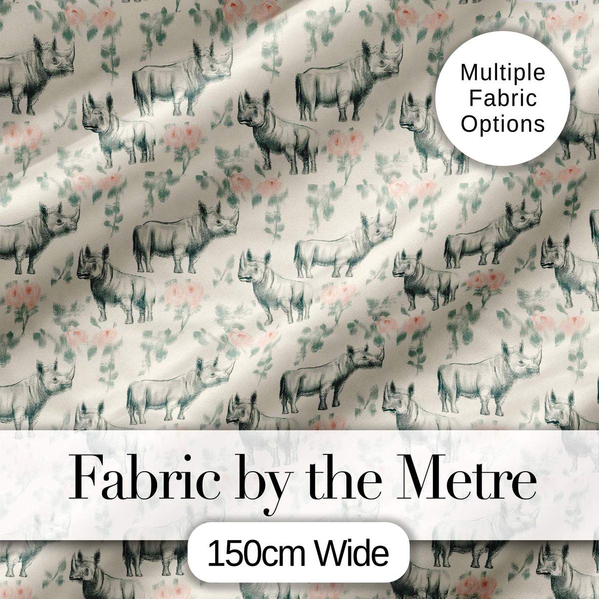 Classic Rhino Sketch with Floral Rose Details Seamless Pattern Digital Print Fabric by the Metre UK Sewing Quilting Textile