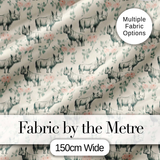 Classic Rhino Sketch with Floral Rose Details Seamless Pattern Digital Print Fabric by the Metre UK Sewing Quilting Textile