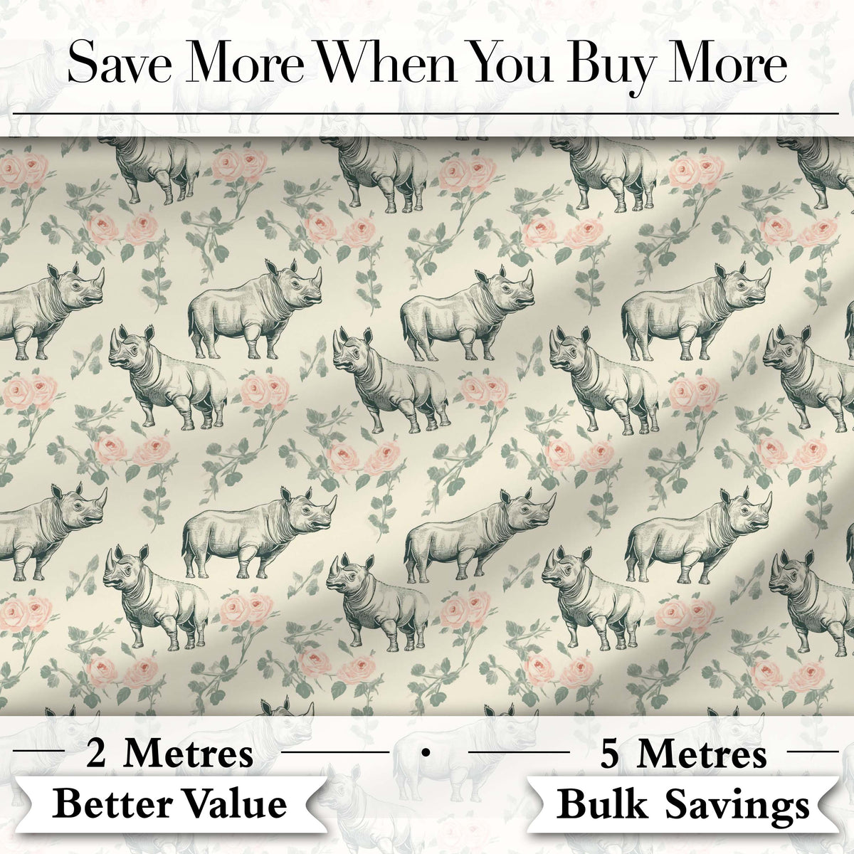 Classic Rhino Sketch with Floral Rose Details Seamless Pattern Digital Print Fabric by the Metre UK Sewing Quilting Textile