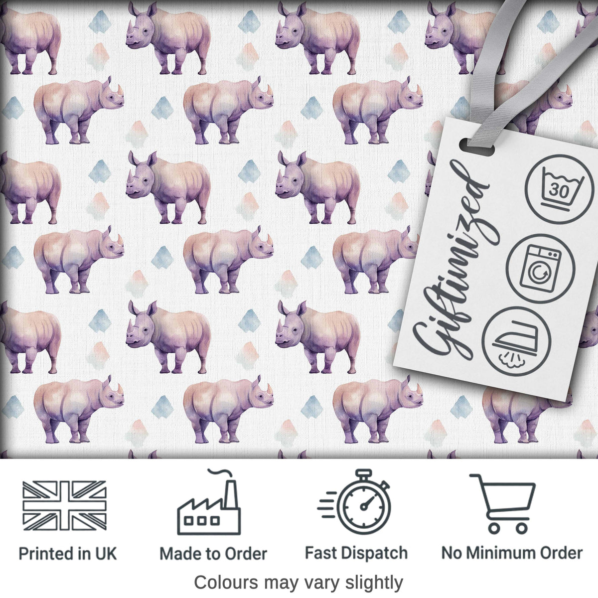 Pastel Purple Watercolor Rhino with Soft Diamond Shapes Seamless Pattern Digital Print Fabric by the Metre UK Sewing Quilting Textile