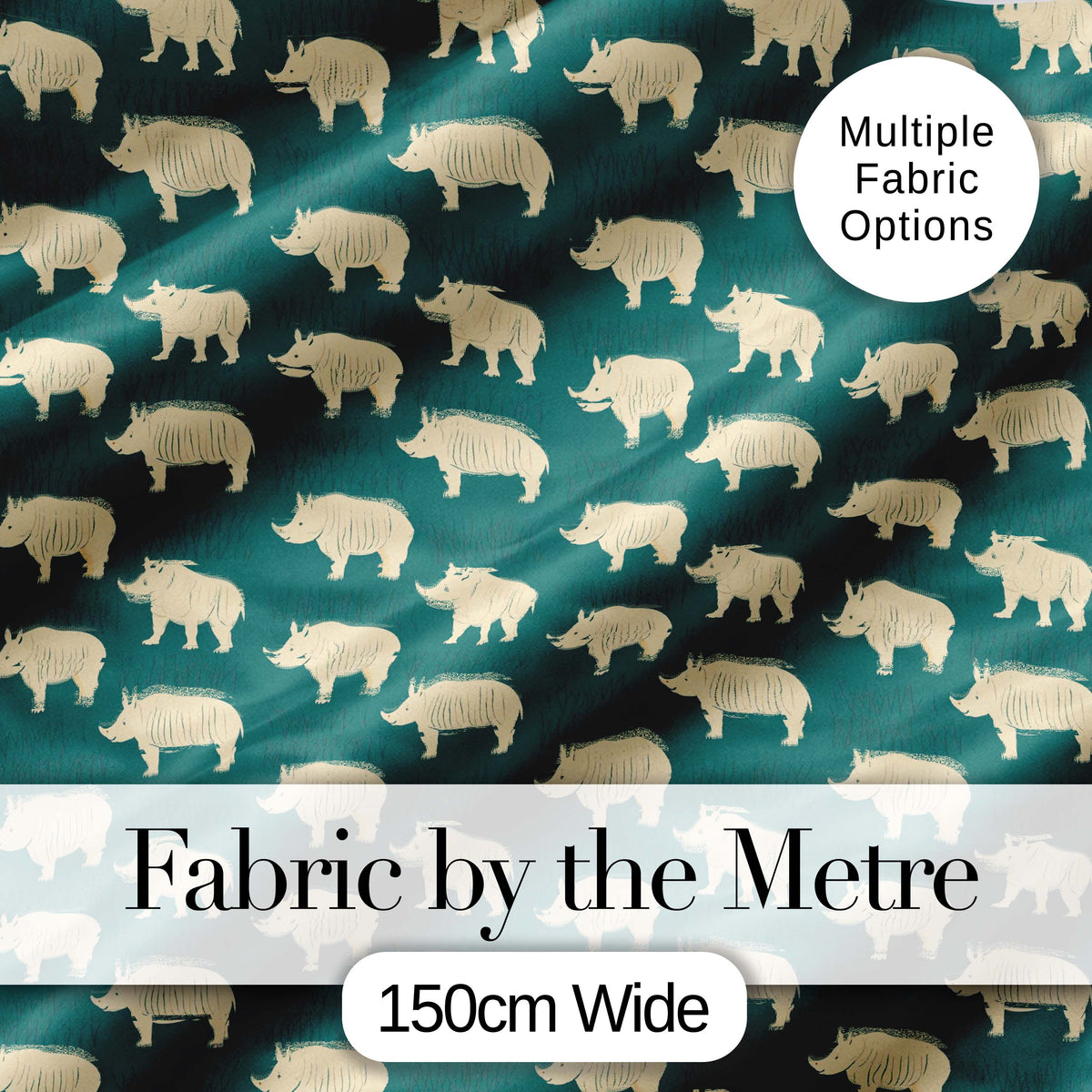 Minimal Beige Rhino Silhouette on Green Grass Background Seamless Pattern Digital Print Fabric by the Metre UK Sewing Quilting Textile