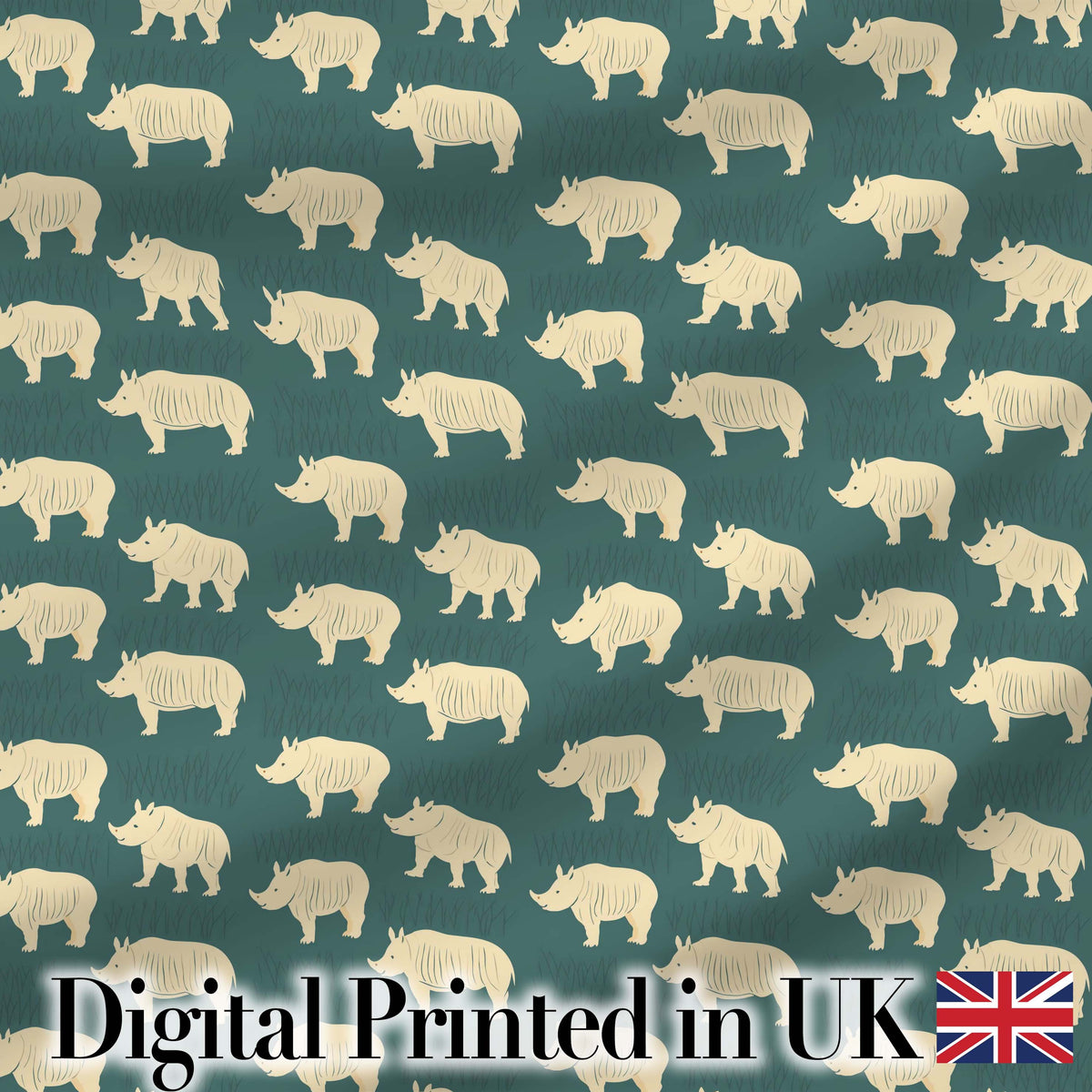 Minimal Beige Rhino Silhouette on Green Grass Background Seamless Pattern Digital Print Fabric by the Metre UK Sewing Quilting Textile