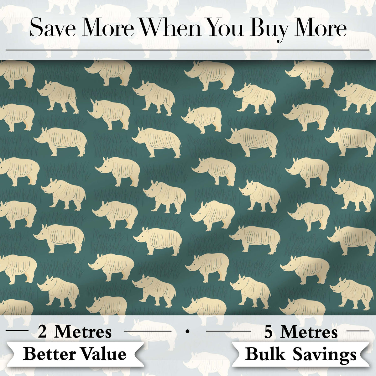 Minimal Beige Rhino Silhouette on Green Grass Background Seamless Pattern Digital Print Fabric by the Metre UK Sewing Quilting Textile