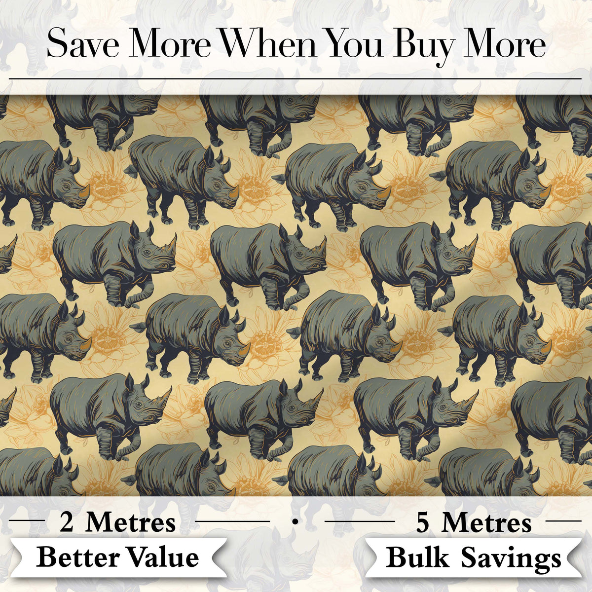 Dark Rhino with Floral Line Art Background Seamless Pattern Digital Print Fabric by the Metre UK Sewing Quilting Textile