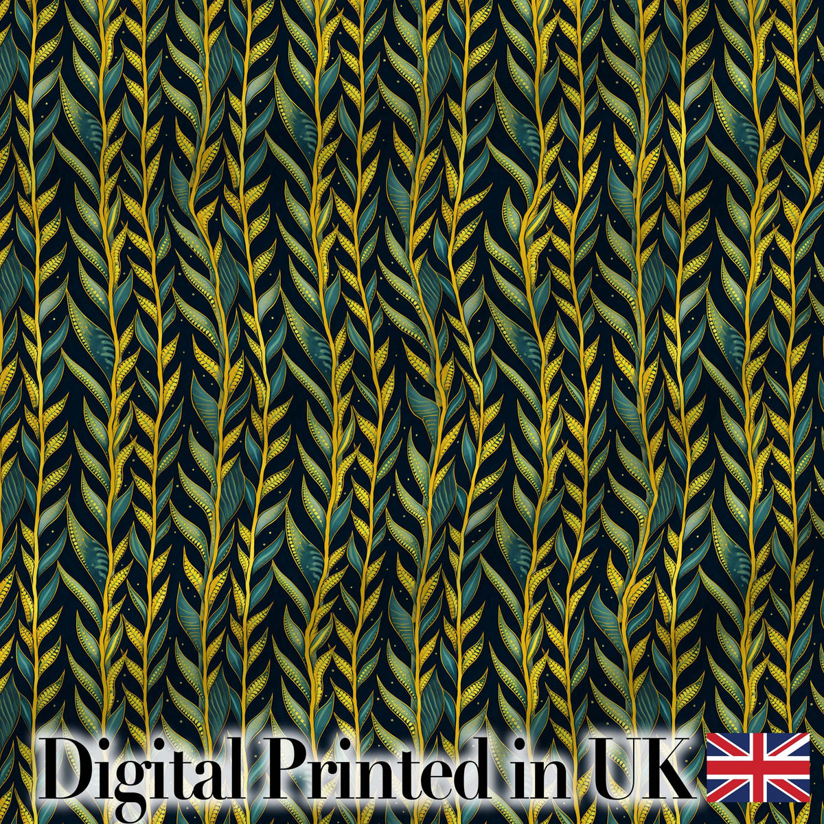 Elegant Golden Leaf Botanical on Dark Background Seamless Pattern Digital Print Fabric by the Metre UK Sewing Quilting Textile