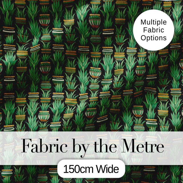 Decorative Potted Green Houseplants on Dark Background Seamless Pattern Digital Print Fabric by the Metre UK Sewing Quilting Textile