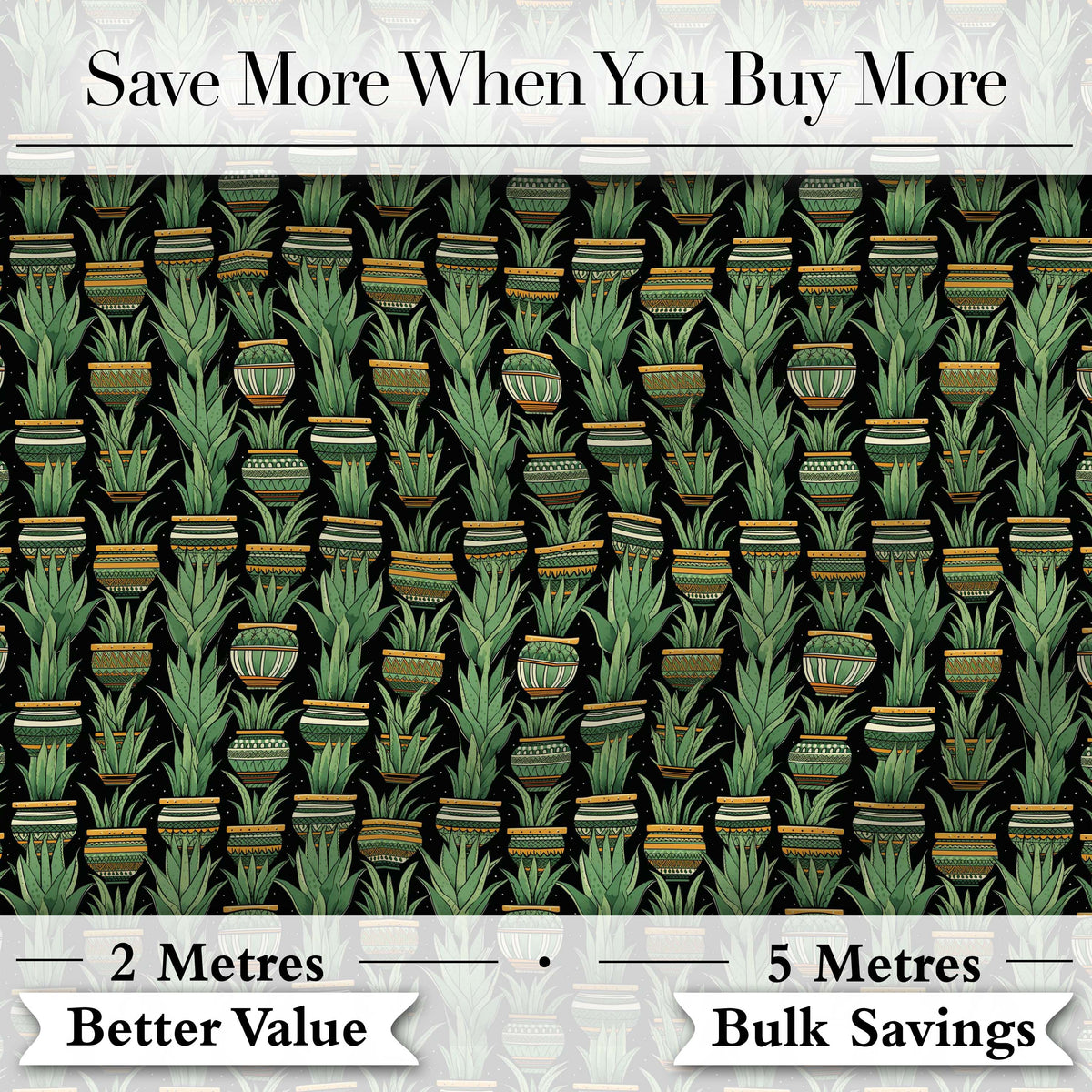 Decorative Potted Green Houseplants on Dark Background Seamless Pattern Digital Print Fabric by the Metre UK Sewing Quilting Textile
