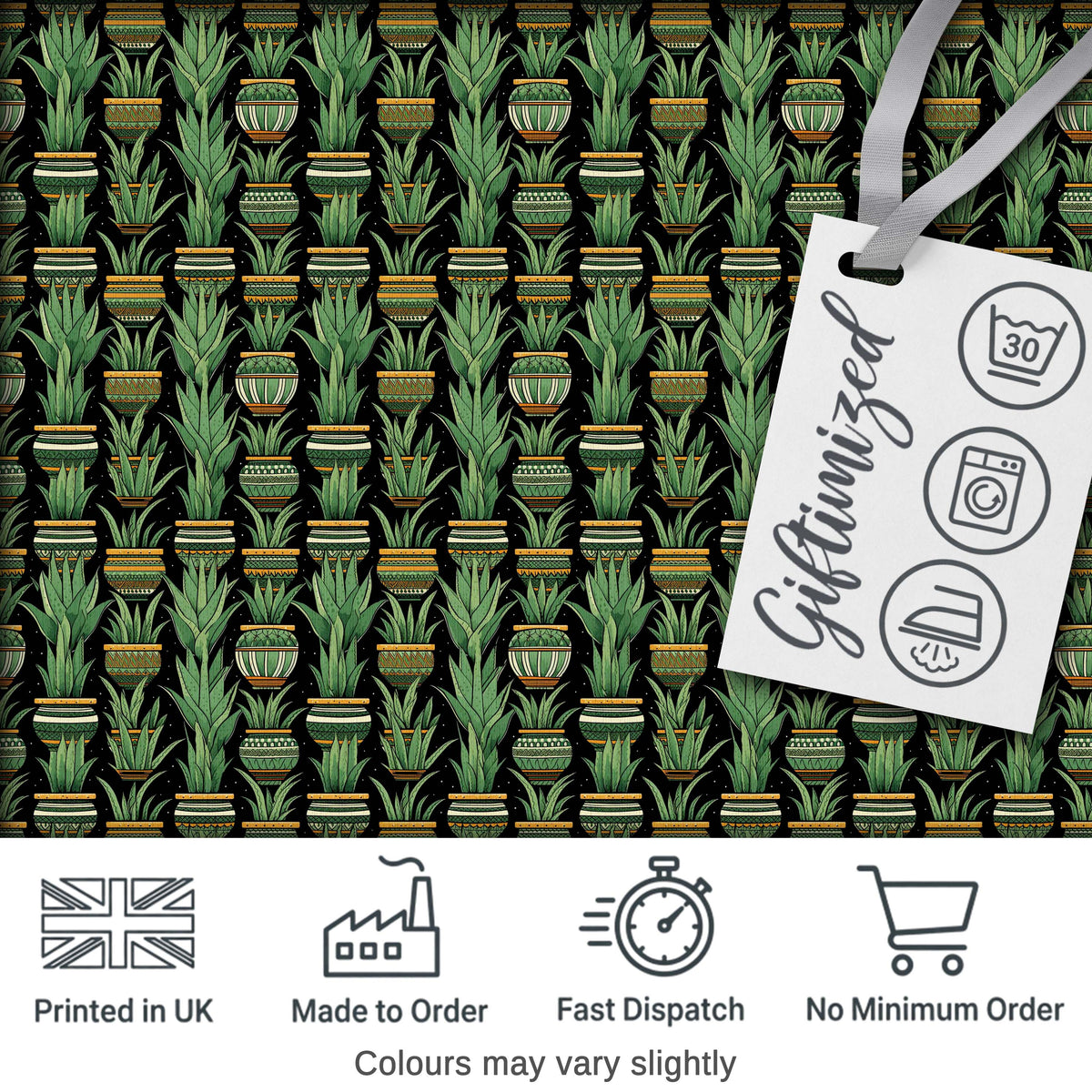 Decorative Potted Green Houseplants on Dark Background Seamless Pattern Digital Print Fabric by the Metre UK Sewing Quilting Textile