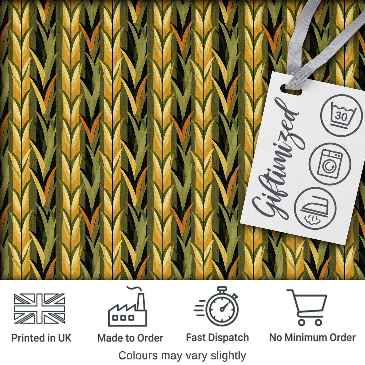 Abstract Vertical Leaf Stripes in Earthy Green and Gold Seamless Pattern Digital Print Fabric by the Metre UK Sewing Quilting Textile